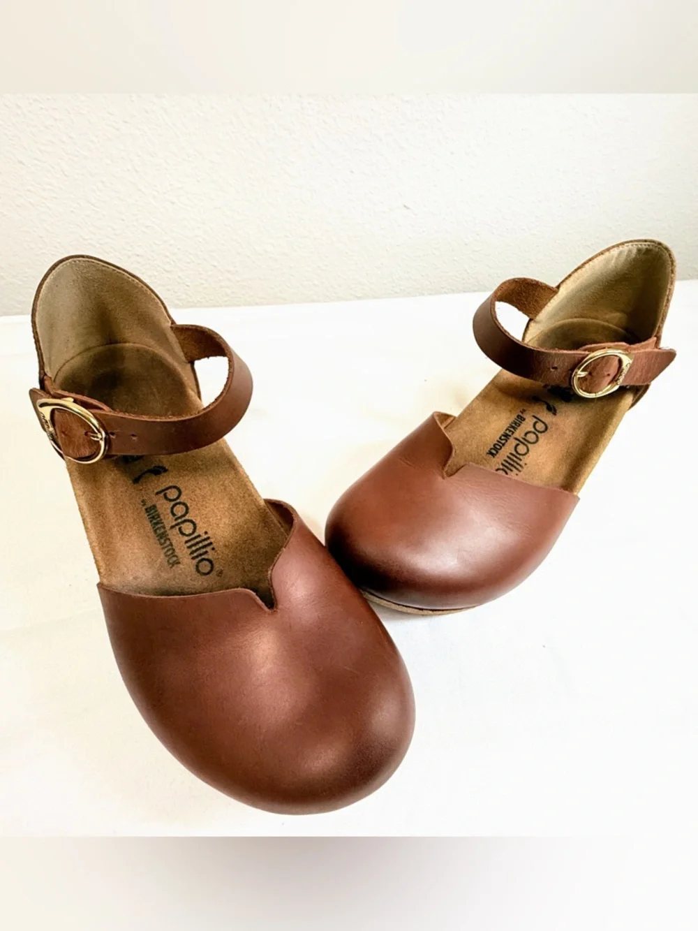 Papillio Birkenstock Cognac Leather Mary Jane Wedge Comfort Shoes 39 - Picture 15 of 16